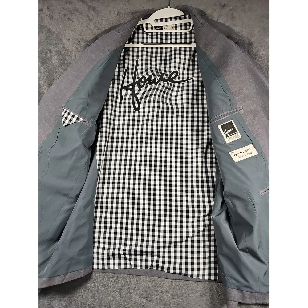 Howe 46 Pick-Stitched Cotton Gray Long Blazer Sports Jacket Double Plaid Lined‎